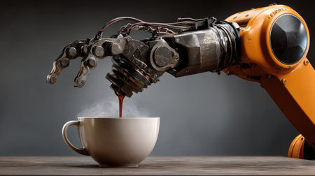 A futuristic robotic arm pours hot coffee into a white cup, creating steam in a modern setting. This image symbolizes innovation and automation in daily life.の素材