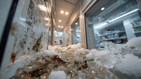 A distressing scene in a commercial kitchen showing a waterlogged freezer filled with ice and discarded food waste due to a power outage, highlighting significant hygiene issues.の素材