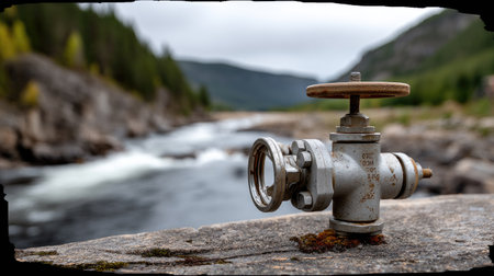 A close-up of a water valve set against a tranquil river backdrop. The scene showcases the interplay of industrial machinery and serene nature, perfect for illustrating water management concepts.の素材