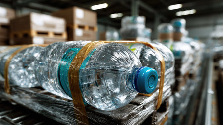 A collection of bottled water arranged neatly on pallets within a warehouse, showcasing the logistics of beverage storage in a commercial setting.の素材