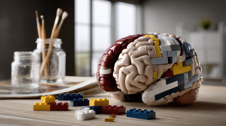 A detailed model of a brain constructed with vibrant LEGO pieces, displayed in an artistic workspace, symbolizing creativity and innovation in learning and design.の素材