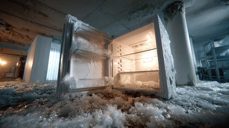 An abandoned refrigerator stands in a dilapidated room, surrounded by ice and snow accumulation on the floor, creating a surreal and chaotic atmosphere.の素材