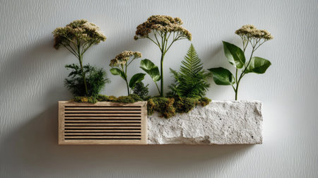 This image showcases a sleek indoor planter featuring an artful arrangement of various plants, blending natural textures with modern design elements.の素材