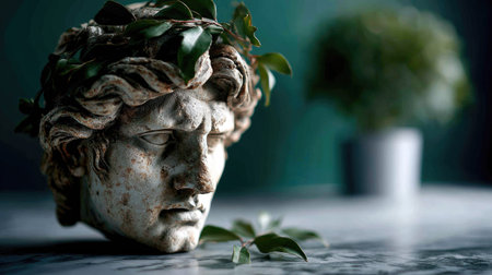 A captivating close-up of an ancient marble head sculpture adorned with leaves, set against a serene backdrop, evoking a peaceful blend of classic art and nature.の素材