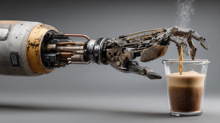 A striking image of a robotic arm skillfully pouring freshly brewed coffee into a glass cup, showcasing the blend of technology and beverage culture.の素材
