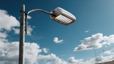 A modern street light stands tall against a backdrop of a cloudy blue sky, showcasing urban infrastructure and contemporary design in daylight.の素材