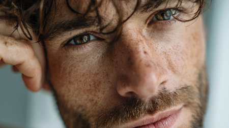 A captivating close-up portrait of a thoughtful young man with freckles, capturing his intense gaze in natural light. The image conveys emotion and personality.の素材