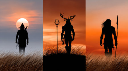 This striking image features silhouettes of three ancient warriors against a vibrant sunset sky, capturing a mystical and adventurous atmosphere.の素材