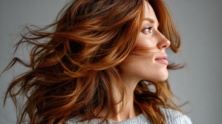 Capture the beauty of a woman in profile, showcasing her long, flowing hair against a soft gray background. This image portrays elegance, femininity, and a touch of freedom, ideal for lifestyle and beauty themes.の素材