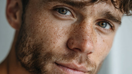 This close-up portrait captures a young man with striking freckles and an intense gaze, showcasing his unique facial features and authentic charm.の素材