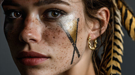 This striking close-up features a young woman with artistic face paint, showcasing her natural freckles and unique accessories, embodying creativity.の素材