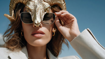 A confident woman showcases her unique style by wearing a dramatic ram skull headdress and stylish sunglasses, embodying modern chic fashion in nature.の素材