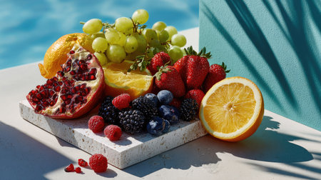 A vibrant assortment of fresh fruits displayed on a light stone surface. Featuring pomegranate, strawberries, grapes, and oranges, perfect for healthy snacking.の素材
