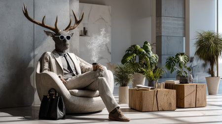 A unique and stylish humanoid figure with a deer head lounges in a contemporary living space, exuding sophistication and creativity amidst greenery.の素材