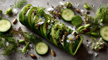This artistic arrangement showcases freshly sliced cucumber layered with herbs and edible flowers, perfect for gourmet dishes and healthy recipes.の素材