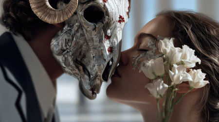 A captivating moment captures a couple in a dreamy setting, enhancing the connection between romance and art with a stylish mask and delicate flowers.の素材