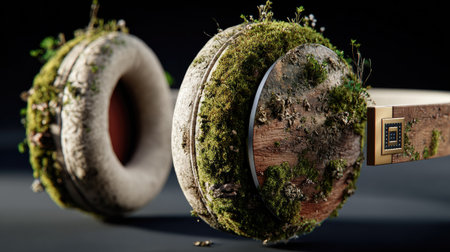 Innovative headphones merge modern technology with nature, featuring lush moss and wood accents, highlighting eco-conscious design and artistic creativity.の素材