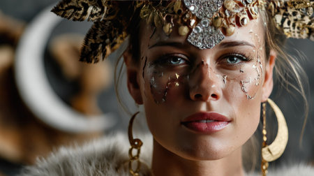 This captivating portrait features a model adorned with intricate makeup and a stunning headpiece, embodying creativity and beauty against a rich backdrop.の素材