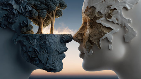 This surreal sculpture depicts the intricate relationship between nature and humanity, illustrating trees emerging from human faces. It invites reflection on identity, environment, and interconnectedness through its artistic detail and emotional depth.の素材