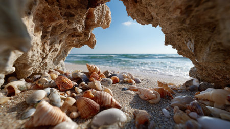 A stunning coastal scene framed by a rocky arch, showcasing a variety of shells on the sandy shore, with gentle waves lapping under a clear sky.の素材