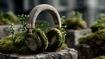 This striking image features eco-friendly headphones adorned with vibrant greenery, showcasing the harmony between technology and nature in a serene urban environment.の素材