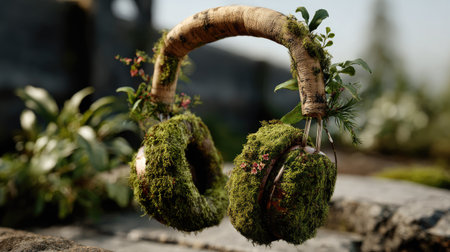 A unique pair of eco-friendly headphones adorned with vibrant moss and plants, showcasing a blend of technology and nature for serene music enjoyment.の素材