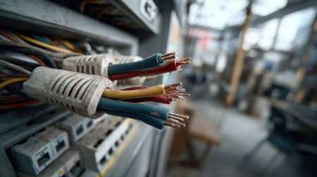 Close-up view of electrical wiring featuring colorful insulated cables in an industrial environment, showcasing the intricate connections and details of technology.の素材