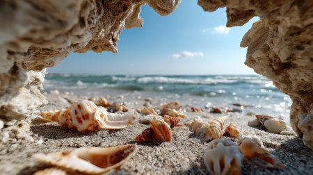 A scenic view of a sandy beach framed by a natural rock arch, showcasing sea shells scattered on the shore with gentle ocean waves in the distance.の素材