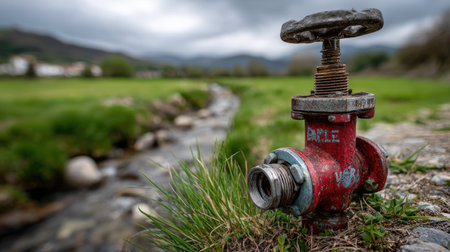 A close-up view of an old red water valve set against a grassy area by a stream. The overcast sky adds to the serene rural atmosphere.の素材