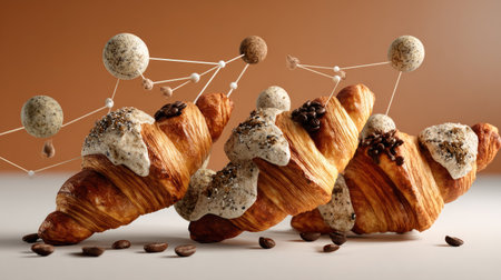 A visually striking composition featuring freshly baked croissants topped with various flavorful toppings and artistic elements, capturing the essence of culinary creativity.の素材