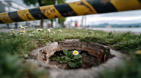 A vibrant flower pushes through a circular hole in the concrete, framed by yellow caution tape, symbolizing resilience amid urban surroundings.の素材