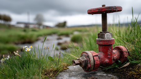 A close-up of a vintage red valve resting on a grassy area near a stream. This image captures the charm of rural life and evokes a sense of tranquility and nature.の素材