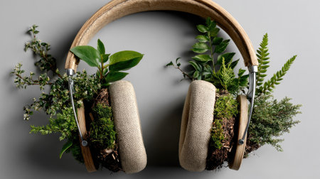 A captivating image of eco-friendly headphones featuring lush green plants and natural elements, symbolizing harmony between technology and nature, perfect for sustainability themes.の素材
