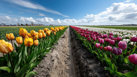 A picturesque scene featuring vibrant tulip fields, showcasing a variety of colors under a bright blue sky with fluffy clouds. Ideal for nature enthusiasts.の素材