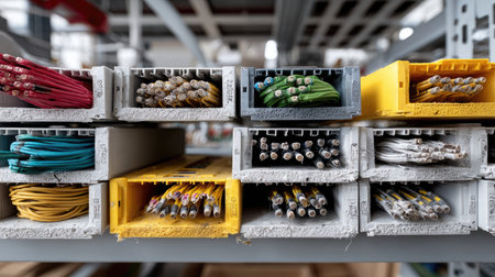 A close-up view of organized cables in vibrant colors stored in modern units, showcasing efficient space management for electrical and wiring tasks.の素材