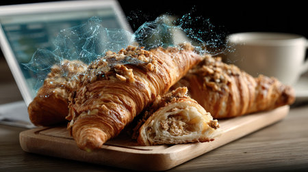 A tempting display of freshly baked croissants topped with granola, resting on a wooden board beside a laptop and a cup of coffee, creating a cozy cafe ambiance.の素材