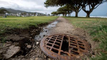 A detailed close-up of a rusty drain grate nestled in a grassy area, with a scenic pathway leading to the ocean and lined with trees in the background.の素材