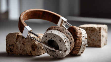 A visually striking image of stylish headphones featuring a wooden band and stone-textured ear cups, set on stone blocks, showcasing modern design and artistic flair in a contemporary setting.の素材