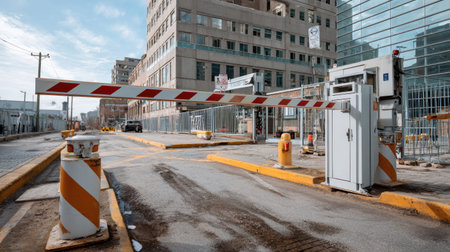 A detailed view of a security barrier at the entrance of a business complex, showcasing modern architecture and urban landscape under a clear sky.の素材