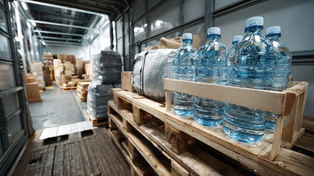 A detailed view of bottled water displayed on a wooden pallet, showcasing an organized storage area within a busy warehouse environment.の素材