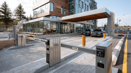 A sleek parking gate system welcomes guests at a contemporary building entrance, showcasing modern architecture, clear skies, and stylish landscaping.の素材
