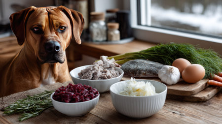 A dog sits patiently at a kitchen table surrounded by fresh ingredients for a homemade pet meal, showcasing the bond between pets and meal preparation.の素材