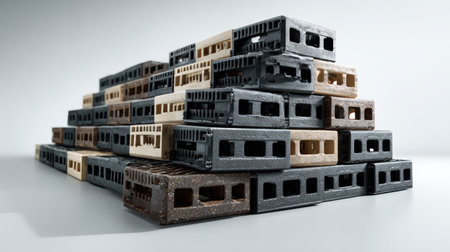 A visually striking arrangement of stacked building blocks in diverse colors and textures. This photo captures the essence of construction, creativity, and design, ideal for projects in architectural and industrial themes.の素材