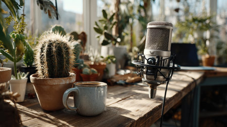 A charming indoor workspace featuring a microphone and coffee cup surrounded by potted cacti, capturing a serene and inspiring atmosphere for creativity.の素材