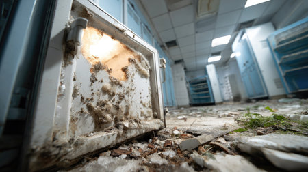 This image captures a neglected commercial kitchen, showcasing a dirty refrigerator surrounded by debris and decay. The scene exhibits the effects of abandonment and neglect in an eerie environment.の素材