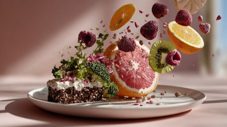 A visually stunning composition featuring a delicious chocolate cake slice accompanied by floating fruits like orange, grapefruit, and berries, creatively arranged over a soft pink background.の素材