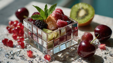 A stunning display of fresh fruits including cherries, berries, and kiwi arranged in a clear glass dish, garnished with mint leaves, set on a marble surface.の素材