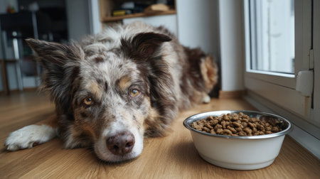 A serene moment featuring a dog relaxing next to a stainless steel bowl filled with kibble on a wooden floor, embodying comfort and companionship at home.の素材