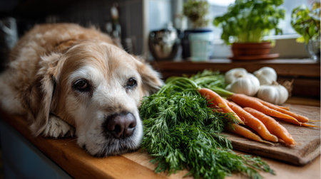 A soulful golden retriever rests on a kitchen countertop surrounded by fresh vegetables, creating a warm, inviting atmosphere ideal for home cooking.の素材