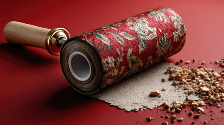 A vintage wallpaper roller featuring an intricate floral pattern rests on a rich red background, with a scattering of debris, capturing the essence of artistic design.の素材
